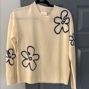 Cynthia Rowley 100 % Cashmere Cream Sweater with Navy Floral Accents